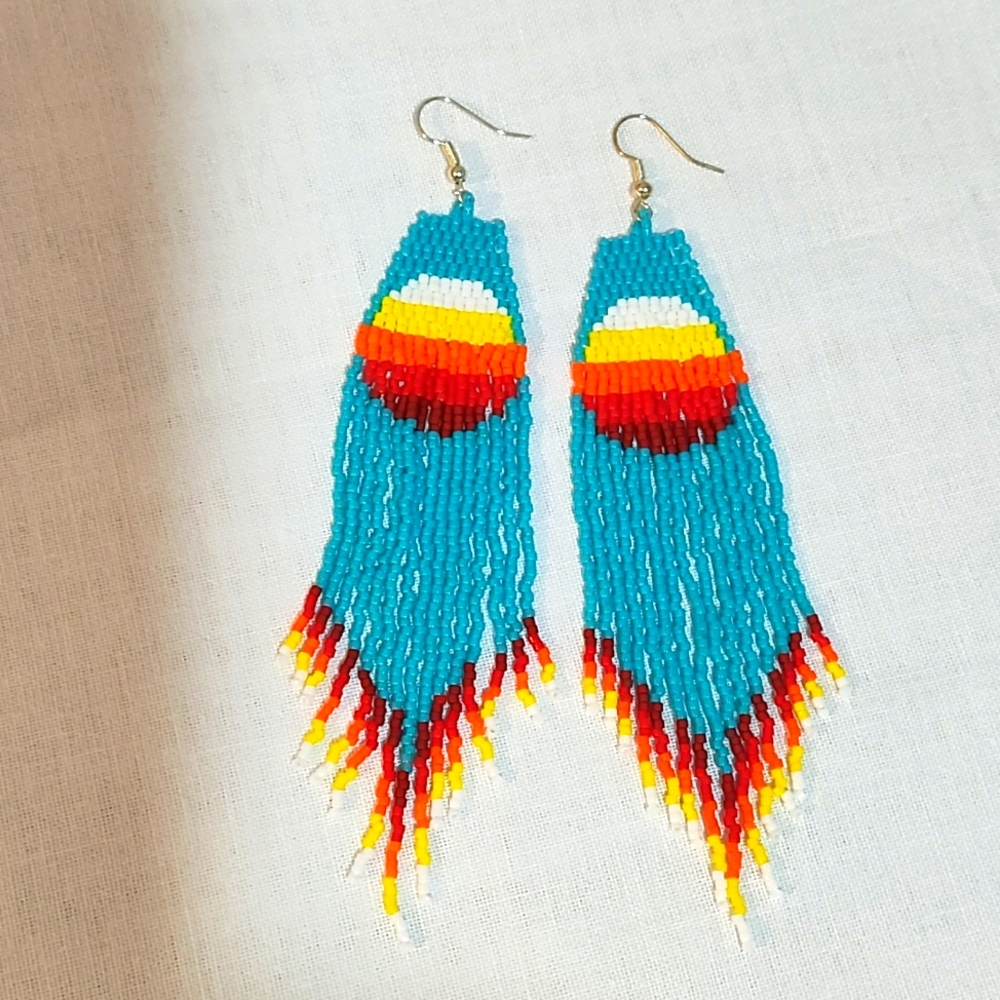 Handmade beaded turquoise native sun earrings with fringe